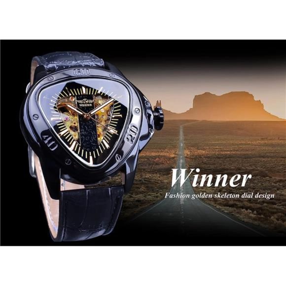 Fashion Mechanical Wrist Watch Triangle Racing Dial, Waterproof Golden, Black_1 - Picture 2 of 6